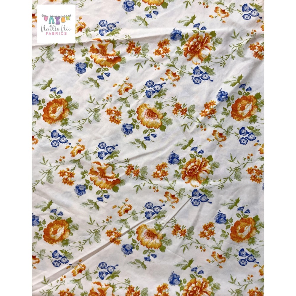 Vintage Floral Twin Sheet Set: Orange & Blue Flowers, 1 Pillowcase - Picture 2 of 8